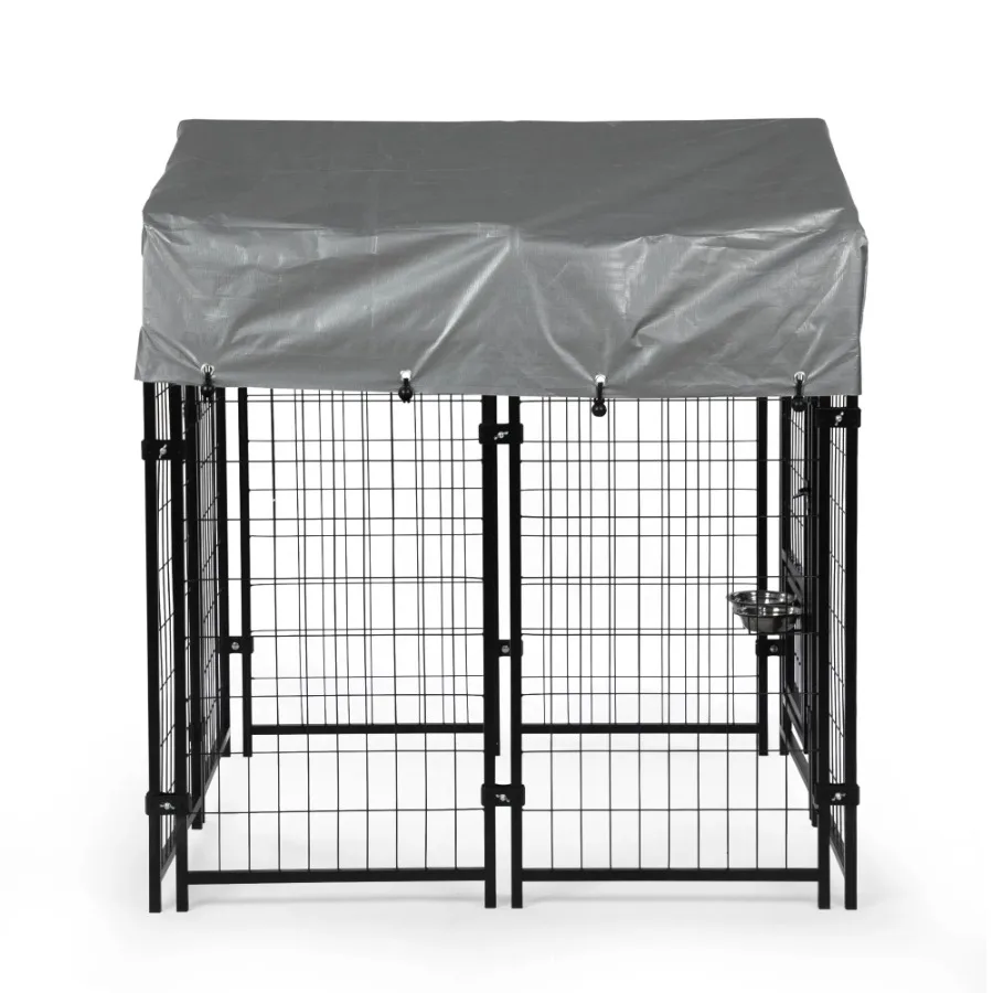 Heavy Duty Dog House Pen with Roof Reversible Feeding Door Stainless Steel Bowls Fence Cage Small to Large Dogs Kennel Outdoor