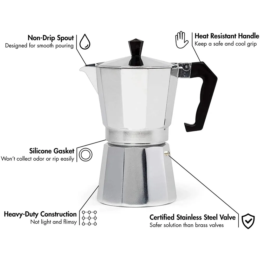 Description Picture 6 of itemAluminum Coffee Kettle Household Italian Octagonal Moka Coffee Tea Pot Office Home Travel Outdoor Camping Tableware Equipment