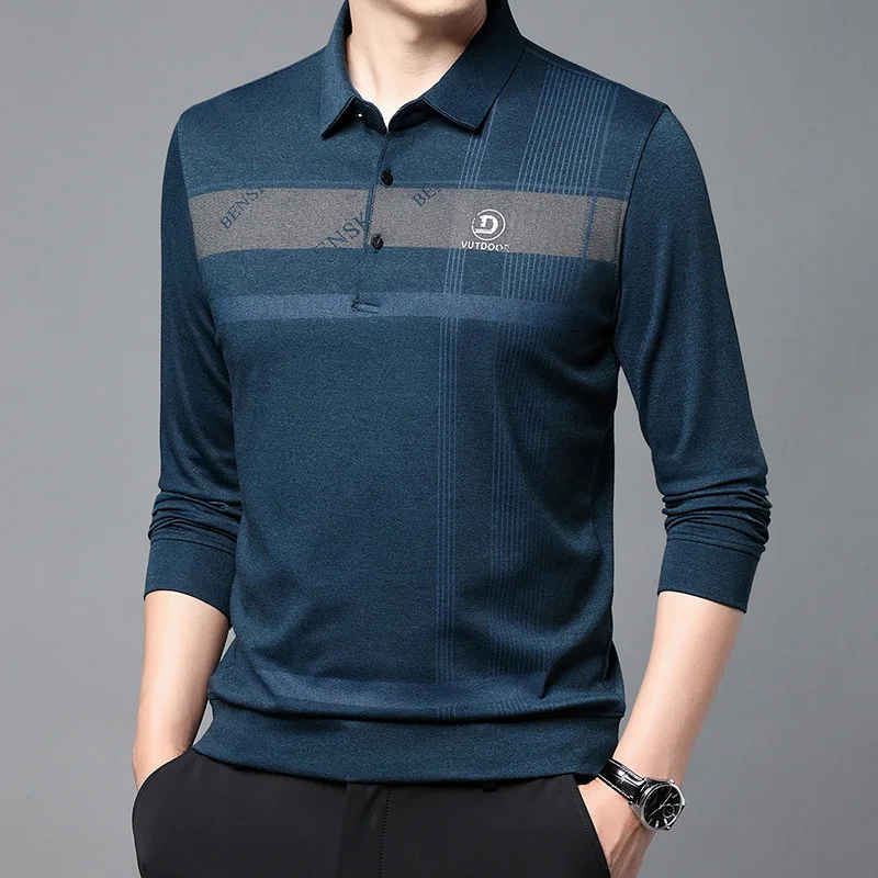 

Autumn New Casual Stretch Slim-Fit Long Sleeve Lapel T-shirt Pullover Polo Shirt Middle-Aged Striped Bottoming Shirt for Men
