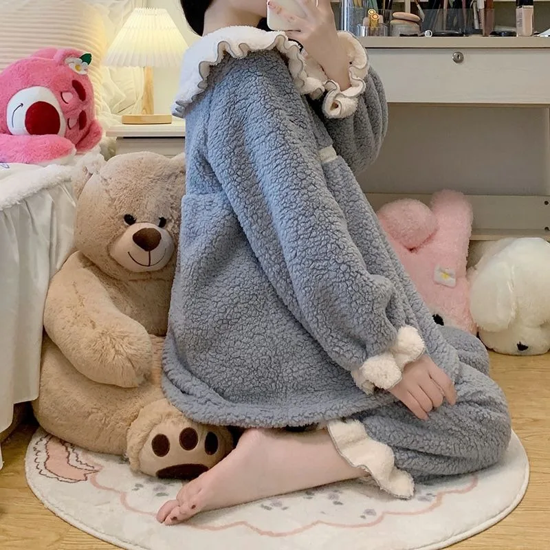 2024 New Doll Collar Sweet Princess Style Pajama Set Women Winter Cute Sleepwear Coral Velvet Warm Thicked Loose Homewear Suit