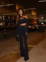 Ahagaga Fashion Sexy Sheath Women's Suits Sets Solid Hollow Out Slim Fit Tracksuits Long Sleeves Slash Neck 2Pcs(Tops+Pants)