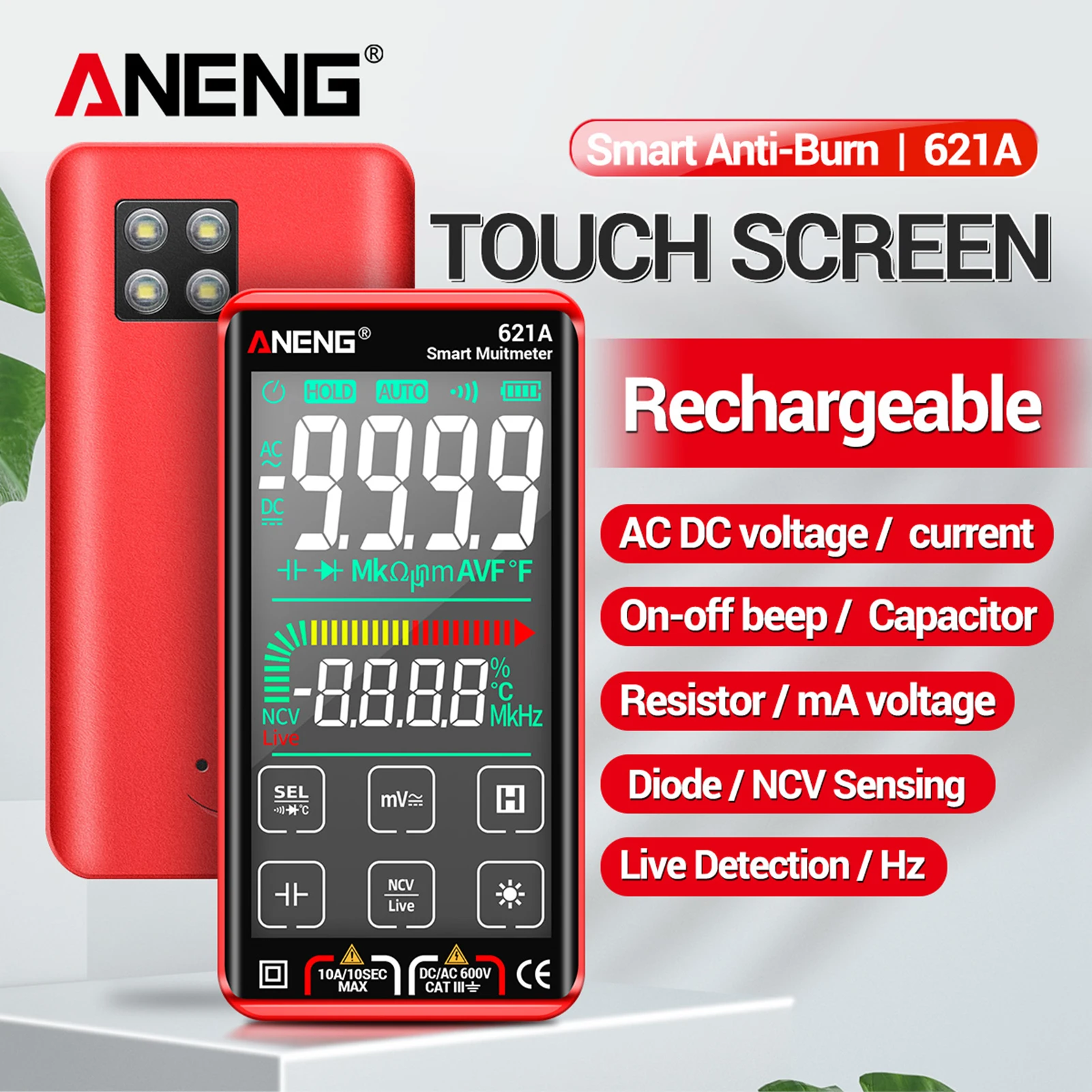 621A Digital Multimeter digital multimeter multimeter tester 9999 Counts Auto Range Rechargeable Portable NCV Universal Meter Voltmeter Ammeter LCD Touch Screen