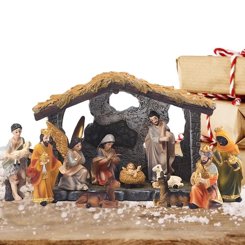 

Christmas Manger Nativity Set | 12-pcs Resin Hand-painted Nativity Figurines | Holy Family Crafts Statue Decor Home Living Room