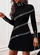 Robe courte à col haut et manches longues pour femmes, nouvelle conception de personnalité, perlée, automne et hiver 2021 