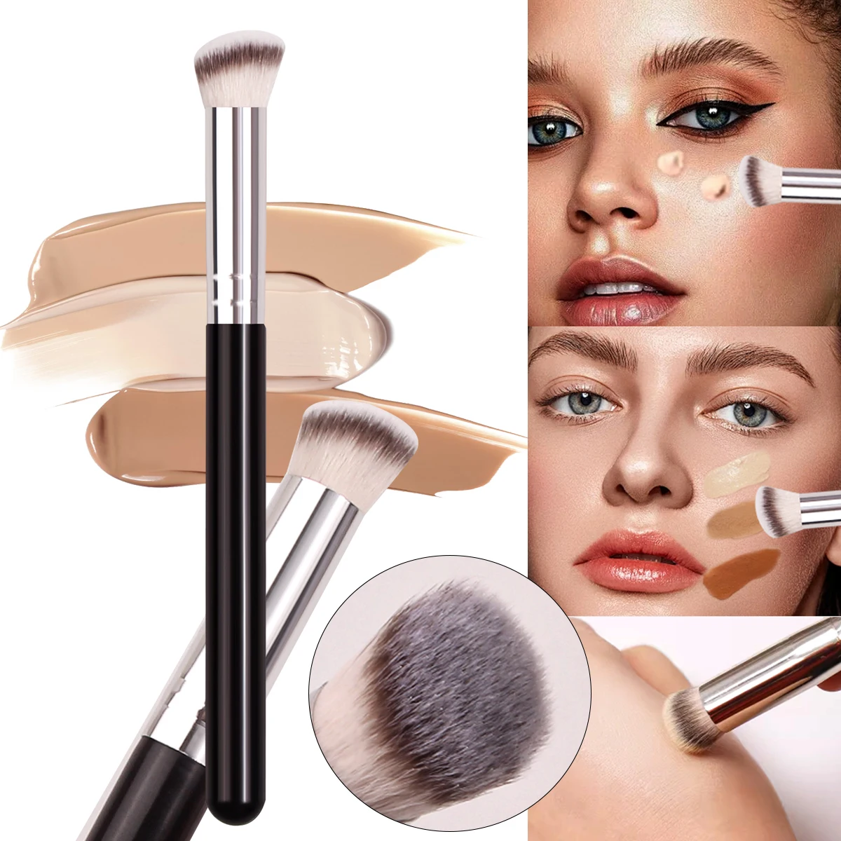 1Pcs Small Makeup Foundation Brush For Concealing,Blending,Setting & Buffing Under Eye Concealer Brush Mini Angled Flat Top Nose