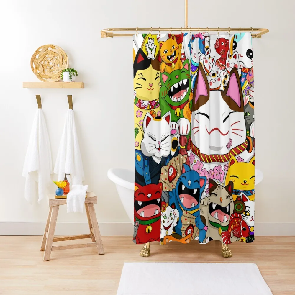 Maneki Neko (Lucky Cat) Collection Shower Curtain Shower Curtain Set Waterproof Bath Curtain And Anti-Mold