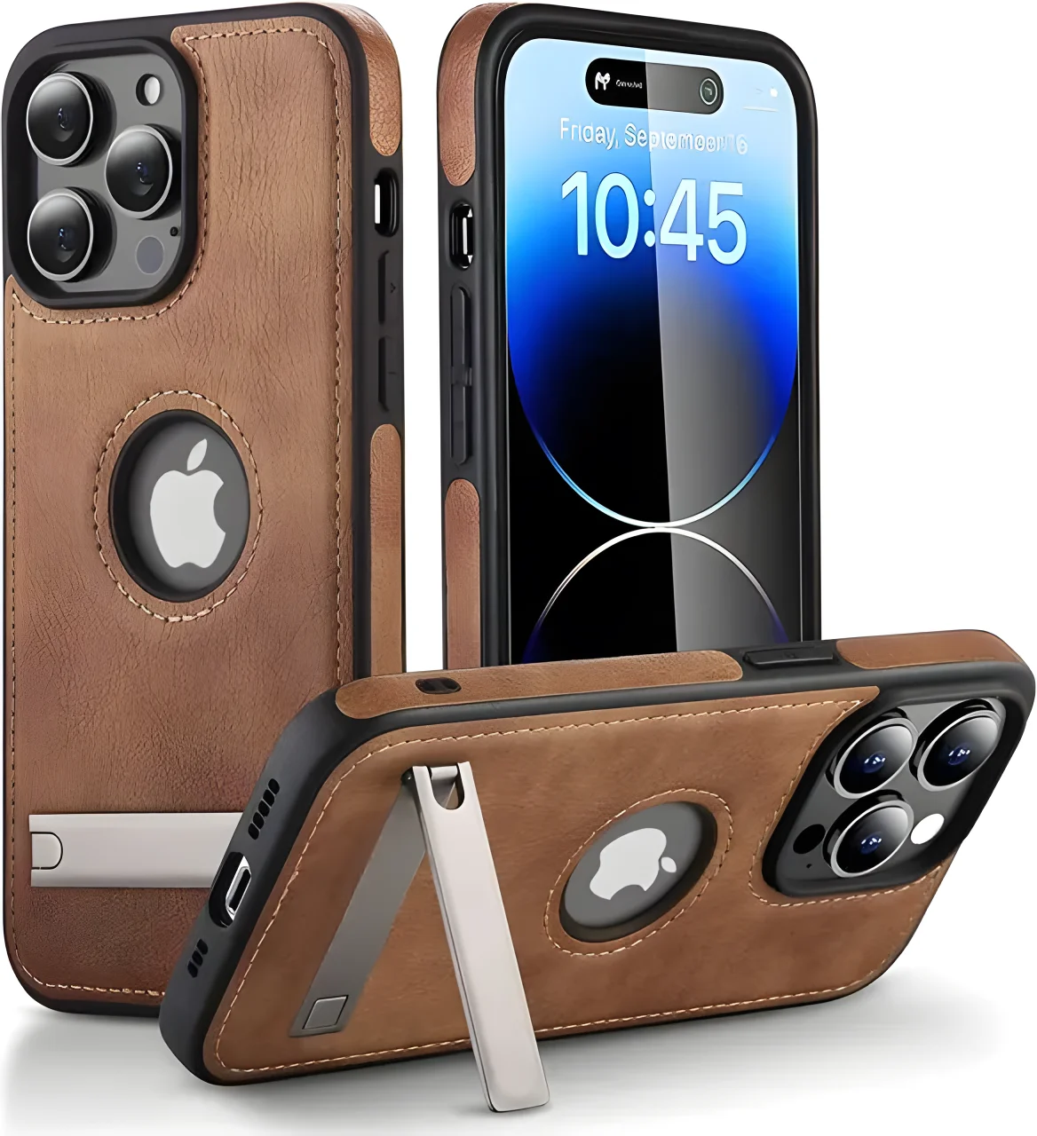 Luxury PU Leather Phone Case with Kickstand for iPhone 15 Pro Max 14 Plus 13 12 11 Mini Soft Grip Luxury Back Cover with Stand