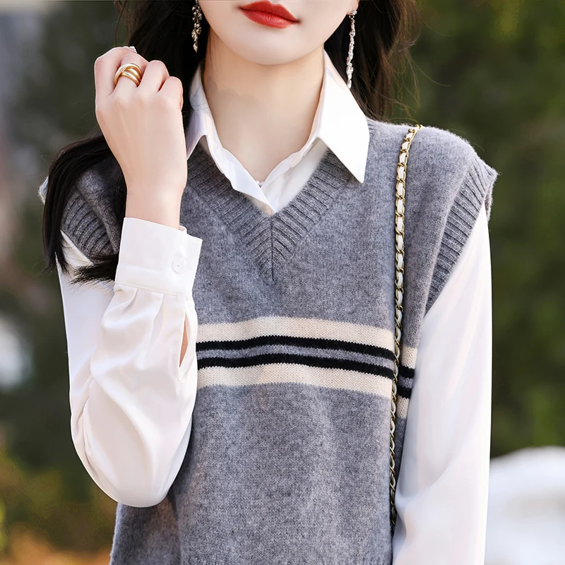 스트라이프 니트 민소매 캐주얼 루즈한 여성 소프트 스웨터 조끼, 용수철 가을 신상 울 V넥 스웨터, 겨울 의류