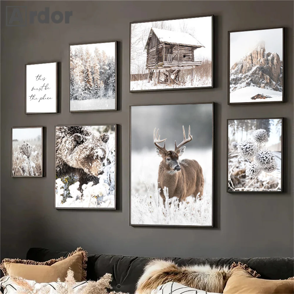 

Winter Snow Animal Bear Deer Wall Art Canvas Painting Mountain Forest Posters And Prints Nordic Wall Pictures Living Room Decor