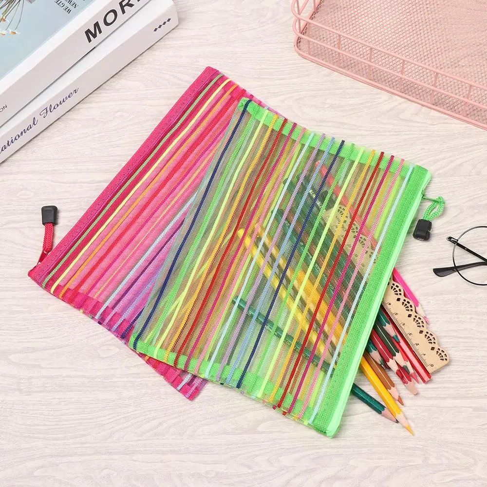 Pencil Cases Simple Rainbow Mesh Document Bag Multicolor Zipper Nylon Stationery