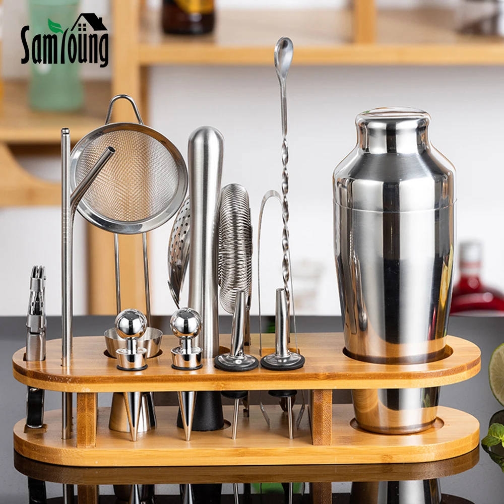 

18PCS Stainless Steel Cocktail Shaker Mixer Set Wine Martini Boston Shaker Bartender Drink Bamboo Rack Party Bar Tools 350-750ML