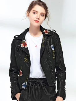 Ftlzz Women Floral Print Embroidery Faux Soft Leather Jacket Coat Turn-down Collar Casual Pu Motorcycle Black Punk Outerwear 6