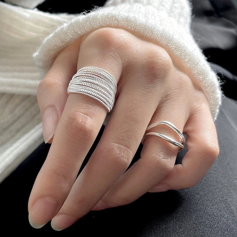 

Women Fashion Opening Rings Double String Silver Color Ring Layering Design Multi-layer Twisted Fine Rings Adjustable Jewelry