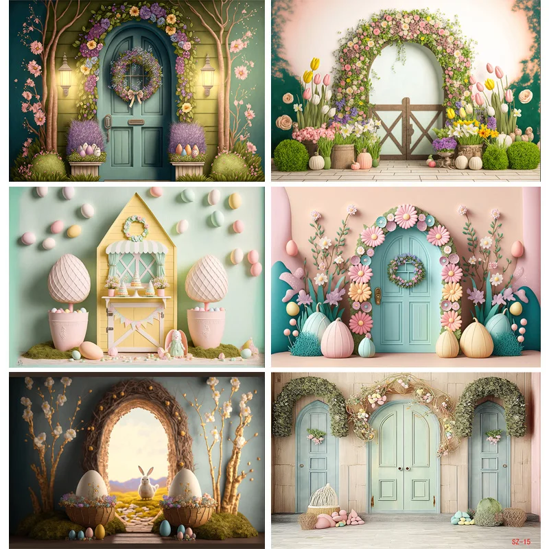 

SHUOZHIKE Easter Scene For Photo Studio Background Celebrations Green Spring Eggs Rabbits Photography Backdrops Props FR-01