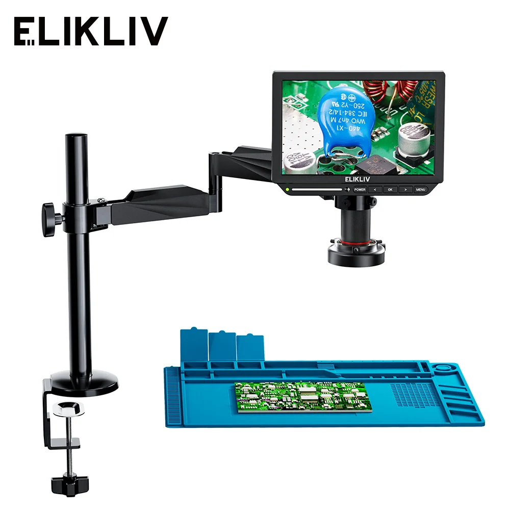 Elikliv EM4K Flex 4K Digital Soldering Microscope 2000X 10.1" HDMI Microscope for Electronics with Boom Arm Stand Ring Light