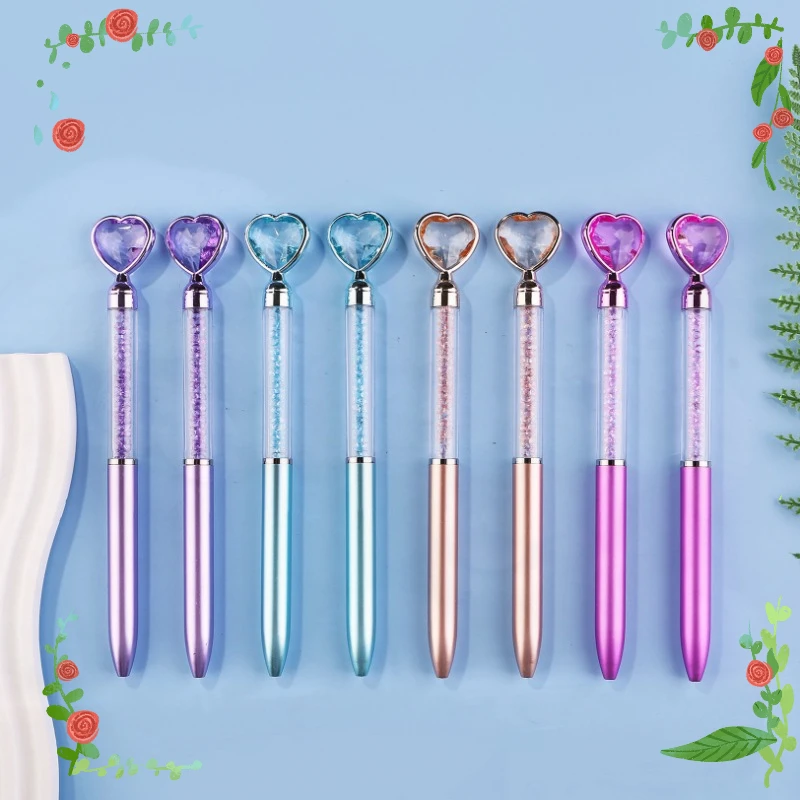 Wholesale New Imitation Metal Rod Diamond Love Ballpoint Pens Colored Crystal Flowing Sand Crystal Gemstone Ball Pen