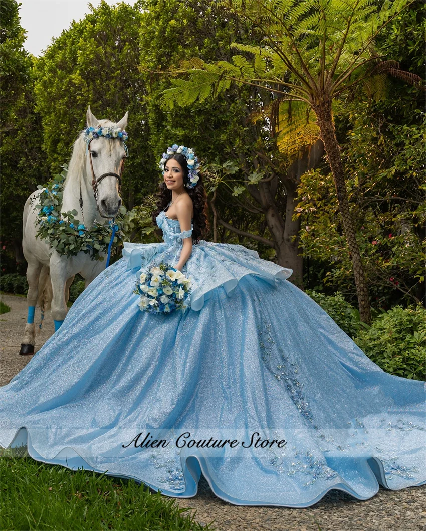 Sky Blue Ball Gown Quinceanera Dresses Pearls Flowers Beaded Appliques Sweet 16 Dress Vestidos De 15 Años 2025 Customized 2