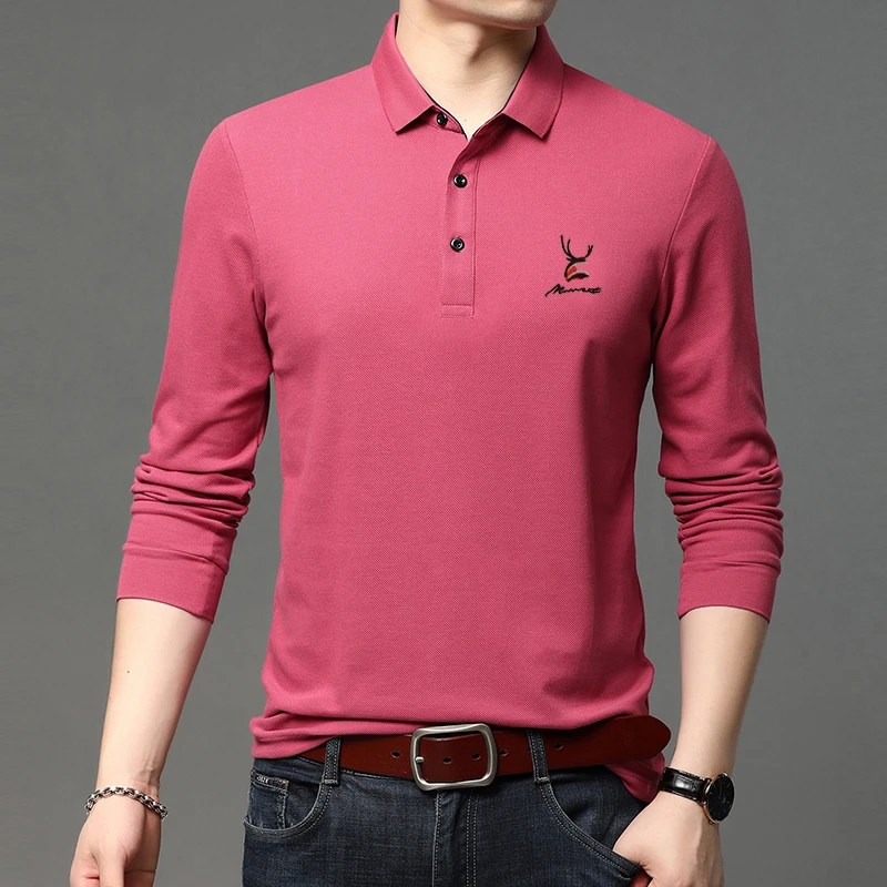 Neues Herren-Poloshirt mit lässiger Stickerei und langen Ärmeln, modisches einfarbiges Oberteil – Detail 12