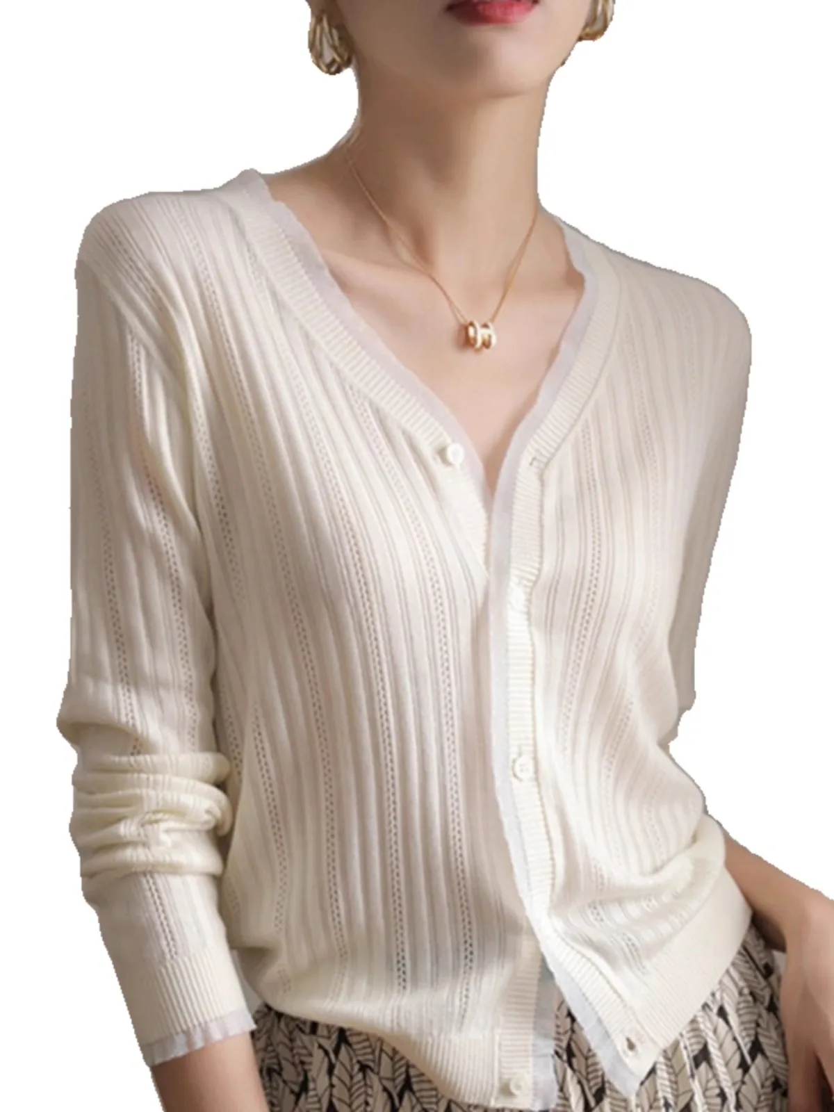 여성 레이스 브이넥 캐시미어 니트 가디건, 슬림한 울 코트, 우아한 용수철