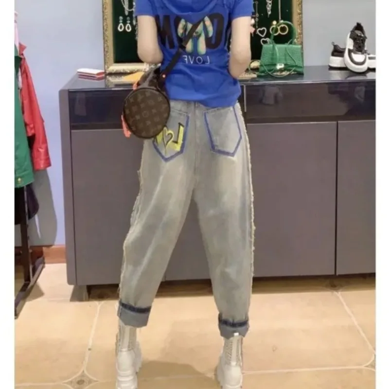2024 Summer New Women's Fashion High Waist Button Zipper Printed Letter Versatile Loose Pocket Thin Straight Casual Harlan Jeans