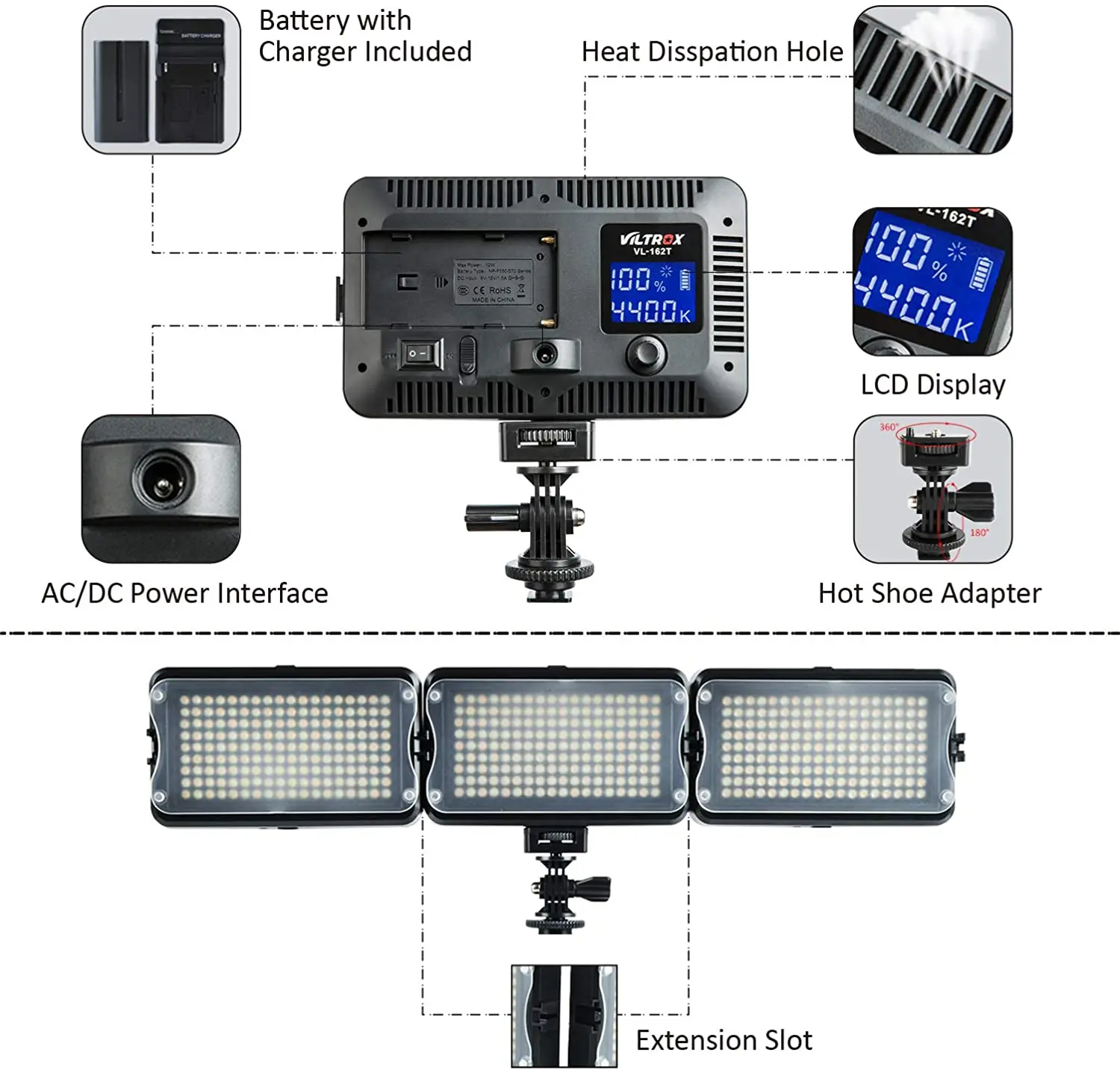 VILTROX VL-162T CRI95+ LED Video Light Portable On Camera Photo Light Panel Dimmable for DSLR Camera Camcorder 4