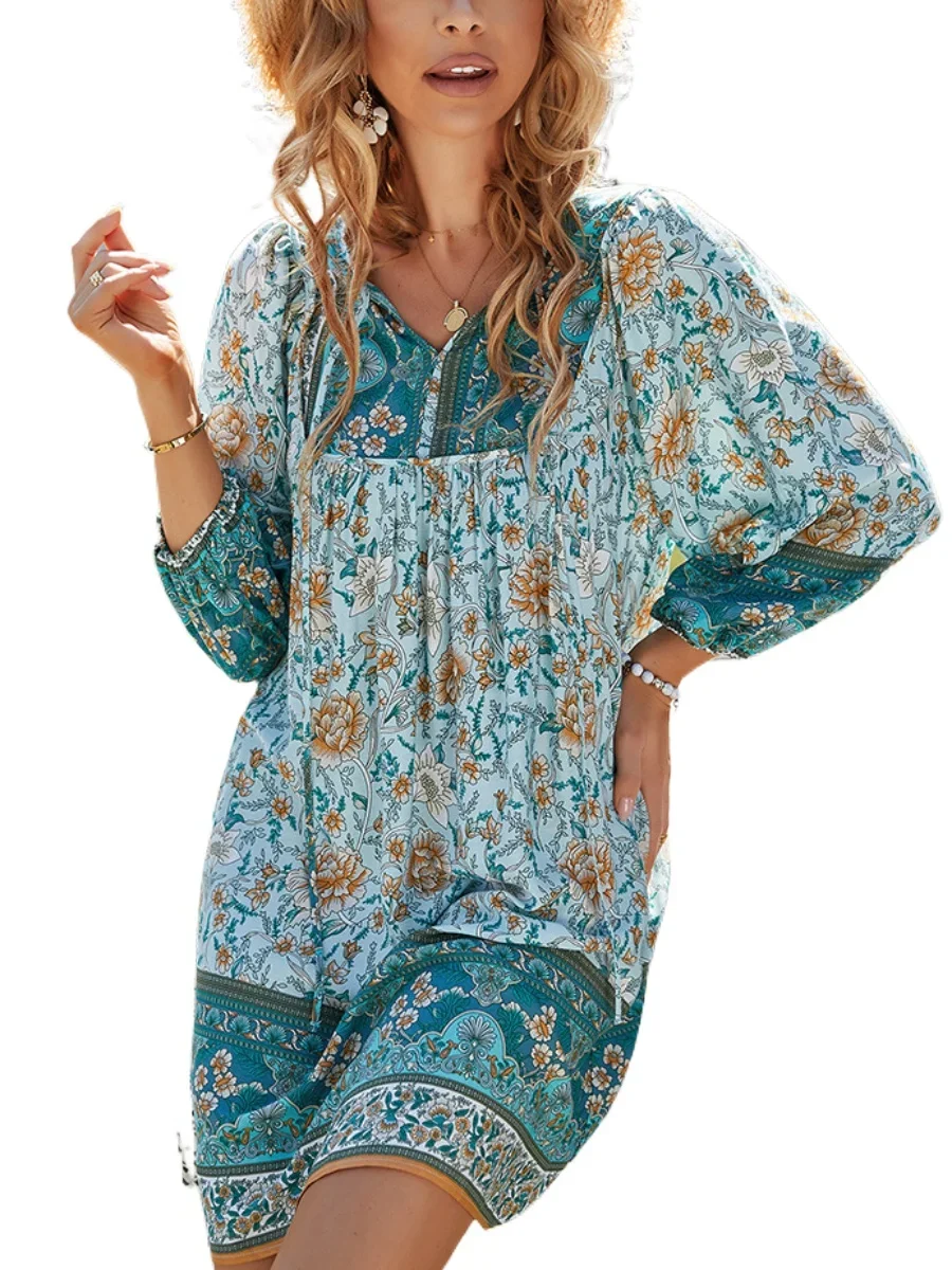 

Women Short Sleeve V Neck Boho Printed Flower Dress for Summer