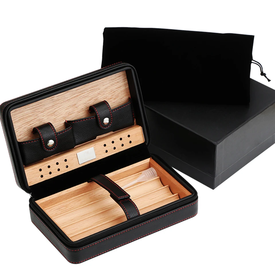 Portable Leather Cedar Wood Cigar Humidor Case