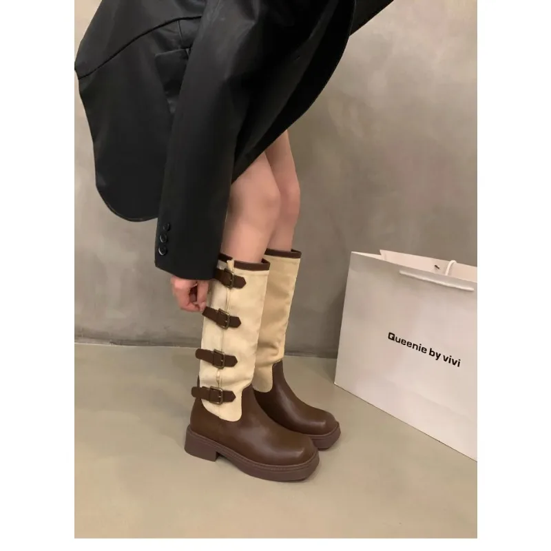2023 New Retro Suede Boots Women Thick Bottom Brown Long Knight Boot Chic Demi-season Brown Autumn Footwear Ladies