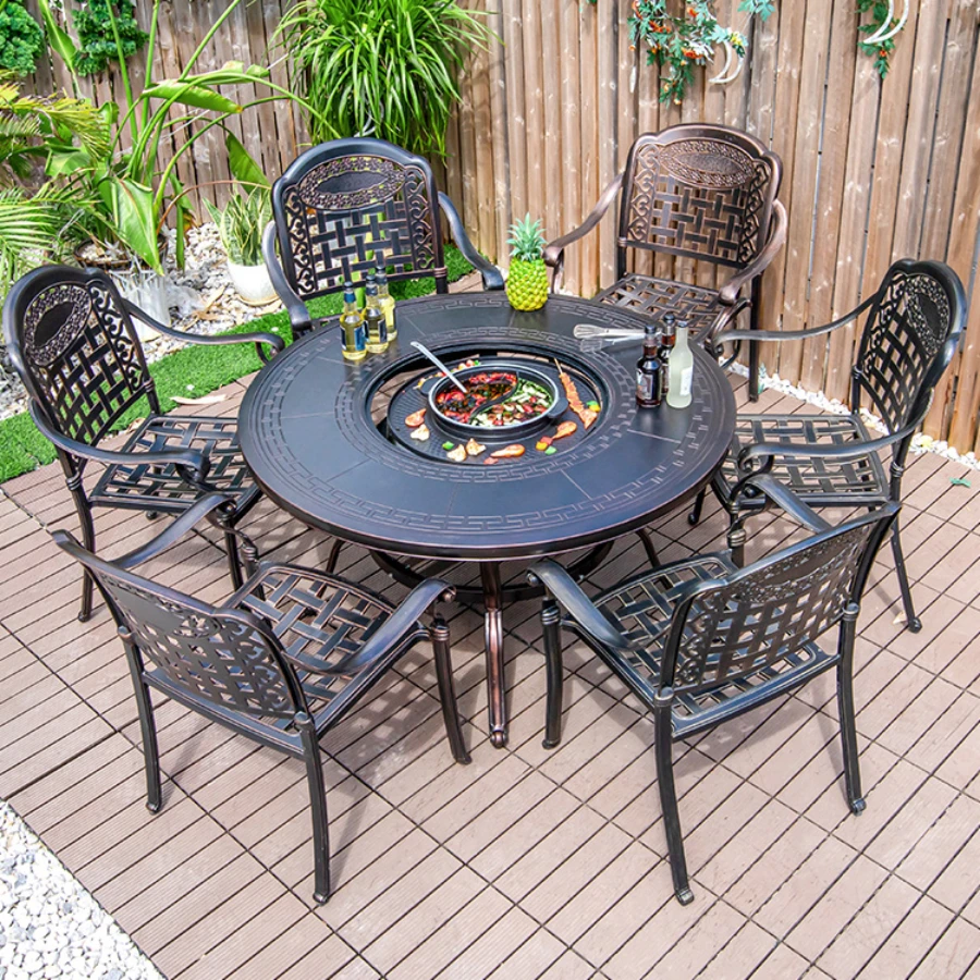 

Multifunctional BBQ Patio Smokeless Barbecue Grill Cast Aluminum Pot Electric Charcoal Hotpot IntegratedTable Mesa Dinning Table