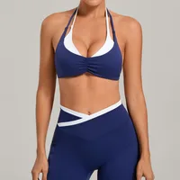 Brassière de sport pour femme, bicolore, style débardeur, dos ouvert, col halter, avec bonnets intégrés, pour le yoga, la course et le fitness 2