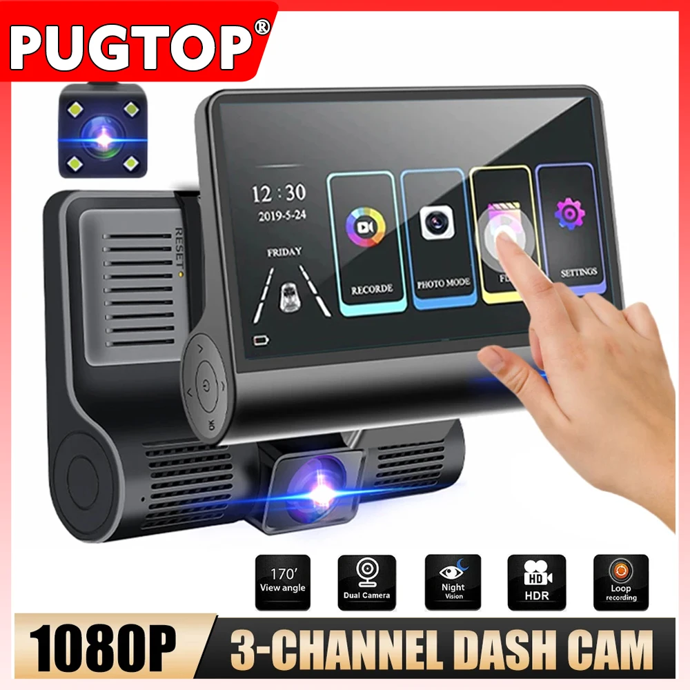 

4 Inch Touch Screen Car DVR 1080P Dash Cam 3 Channel Front Inside Rear Camera Recorder Night Vision Loop Recording G-Sensor