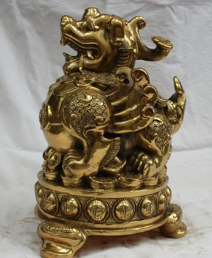 

12 "Chinese Brass beast unicorn kylin money Yuan Bao wealth Statue sculpture