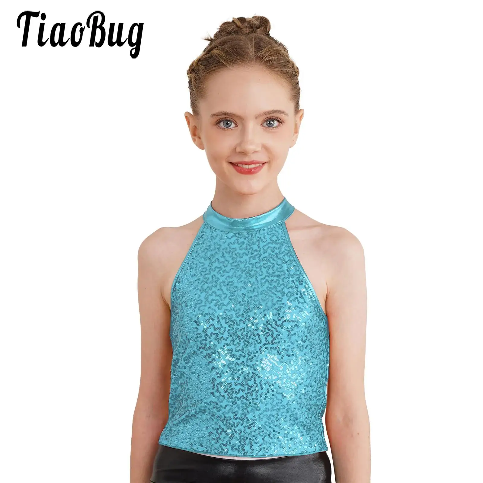 

Kids Girls Sparkling Sequin Halter Crop Top Cheerleading Jazz Dance Vest Sleeveless Backless Tank Top for Girl Stage Performance