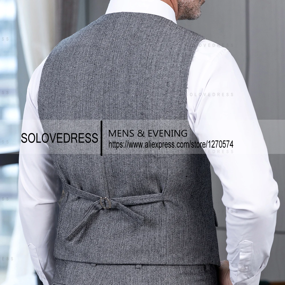V Neck Men's Waistcoat Slim  Fit Single Breasted Herringbone Tweed Men's Suits Vest Groomsmen For Wedding