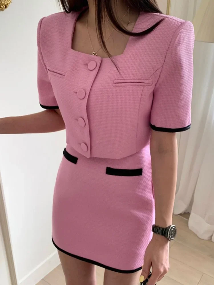 

New Contrast Samll Fragrance Suit for Summer Women's Square Collar Short Cardigan Jacket + Hip Skirt Two-piece Set Shorts Outfit