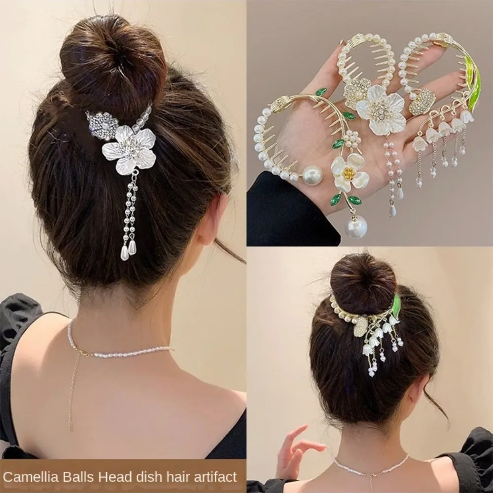 Presilha de cabelo com borla de flor, estilo chinês, corrente de pérolas, rabo de cavalo alto, presilha borboleta para a parte de trás da cabeça._voghion.com