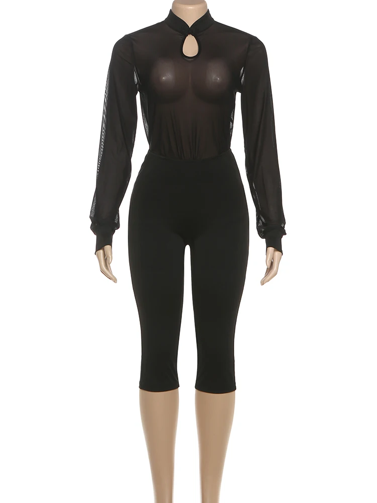 Nibber Sexy 2-Piece Set Women Stand Collar Patchwork See Through Hollow Frog Button Top+Elastic Waist Short Midnight Suits