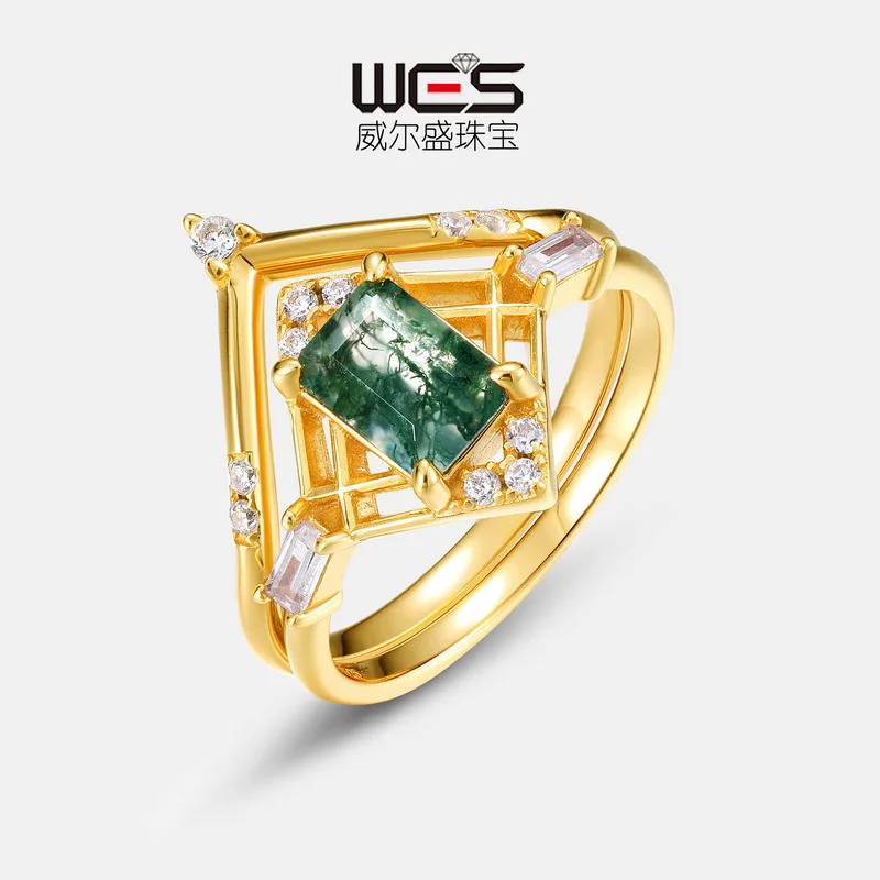 

New Layered Natural Green Moss Stone Ring S925 Silver Inlaid Water Grass Agate Matches European and American Light Luxury Style
