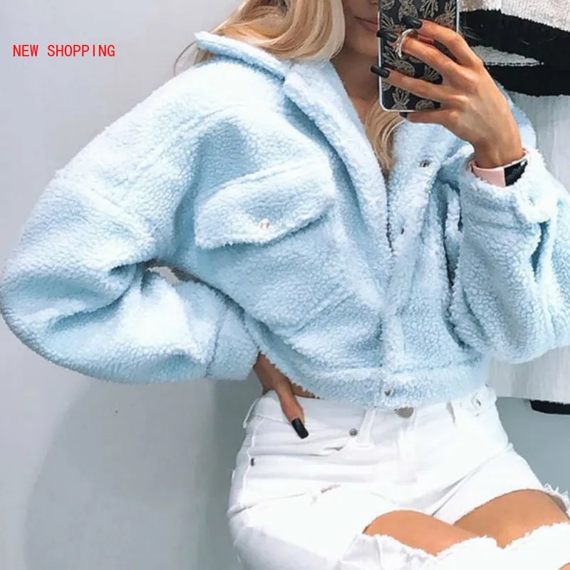 Women Fluffy Fleece White Cropped Jacket Coat Fashion Autumn Winter Warm Loose Pockets Lambwool Coats Female Blue Outwear Femme men s dark blue business suits formal suits for men one set james bond men wedding suits groom tuxedos coats pants tie