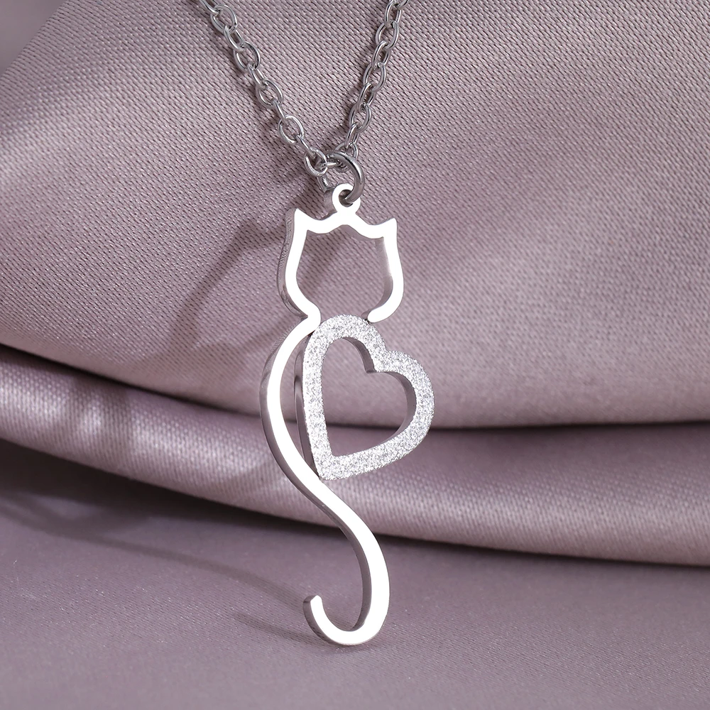 Stainless Steel Necklaces Heart Cat Cute Necklace For Women - PeticaDeals