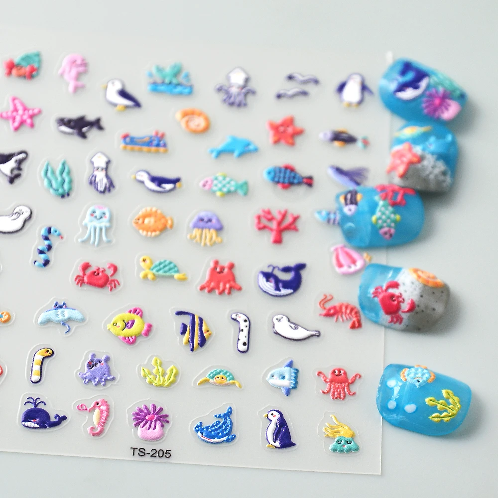 Sea Animals 5D Nail Stickers Ongle Nail Supplies Fake Nail Tapes Embosses Decals 3