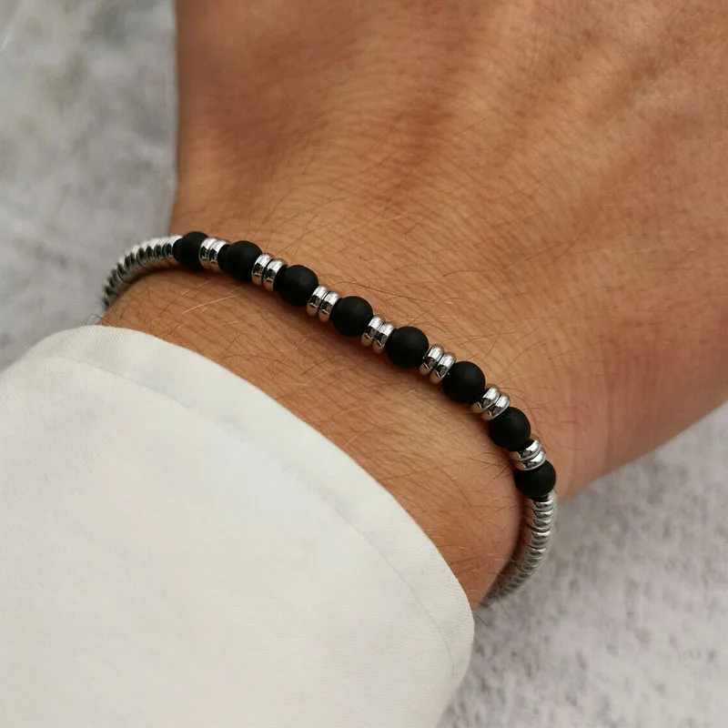 Runda Stainless Steel Bead Charm Bracelet with Turquoise Blue Gold Stone 4mm Adjustable Size 22cm Handmade Bracelet for Men