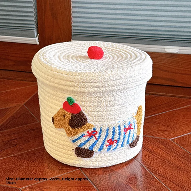 סל אחסון ארוג בעל קיבולת גדולה עם מכסה עמיד בפני אבק מצויר חמוד כלב קטן דלי אחסון פסולת כלב קטן כלי ארגון לשימוש ביתי