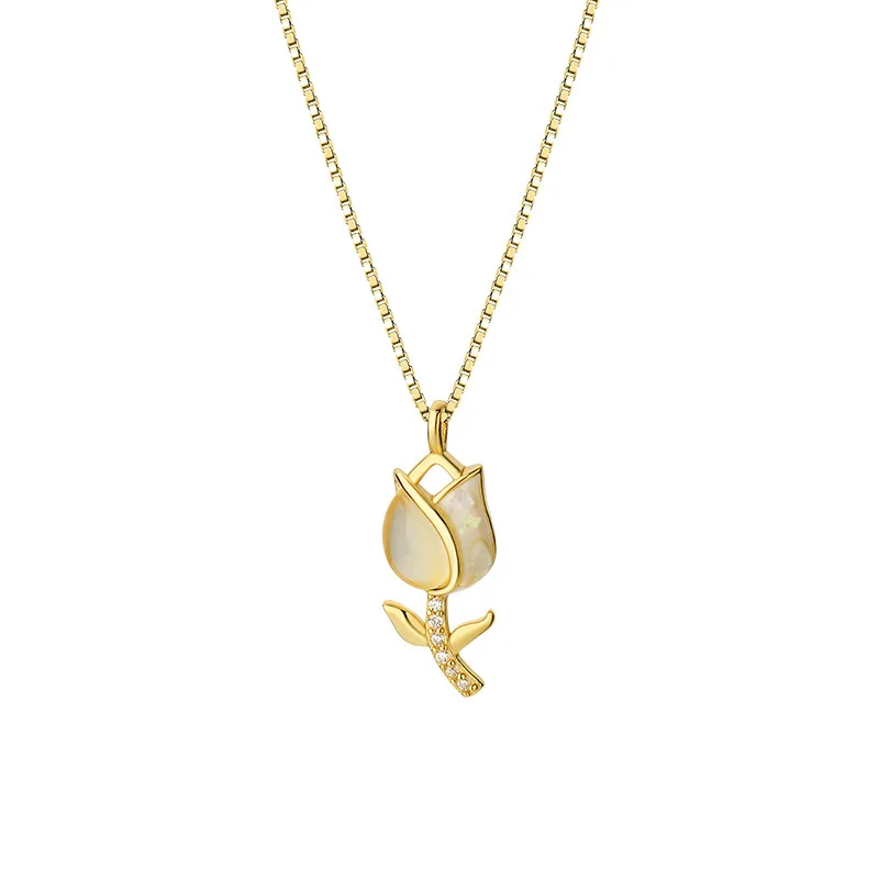 100% 925 Sterling Silver Zircon Plant Necklace for Women Girl Simple Flower Leaf Tulip Design Jewelry Party Gift Dropshipping