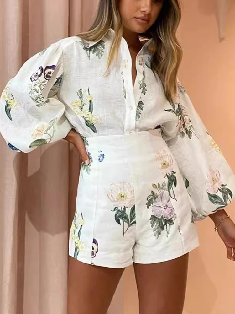 Summer Flower Printed Linen Blend Button Vest and Elastic Waist Pocket Shorts Set main image 1
