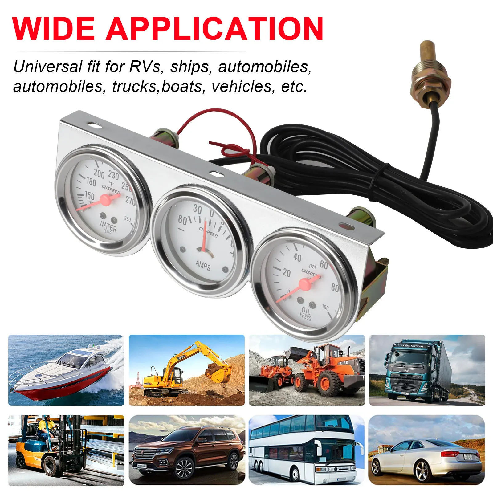 52mm Triple Gauge Set Oil Pressure Water Temp Amp Meter 4