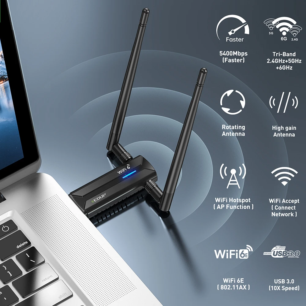 Edup-placa de Rede sem Fio Usb 3.0 Wifi 6e Tri Band 2.4g 5g 6ghz Adaptador Wifi 802.11ax Dongle de Antena de Alto Ganho - Imagem 3