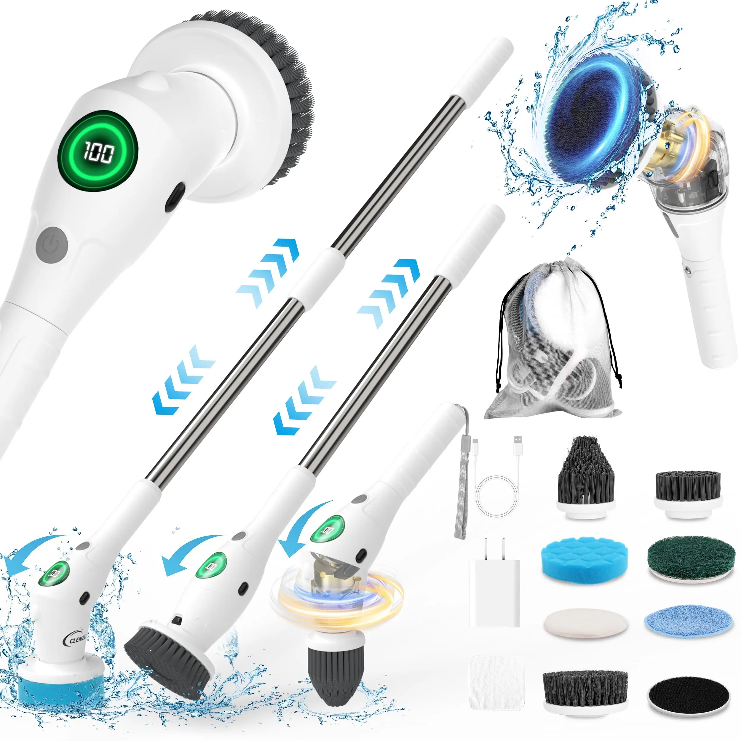 Electric Spin Scrubber 8 in 1 Cordless Cleaning Brush With Type C USB Port 3 Adjustable Speed LED Display For Bathroom Tub Tile