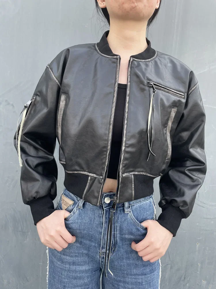 RR2386 High Street PU Leder Cropped Jacken Damenmode Short Bomber