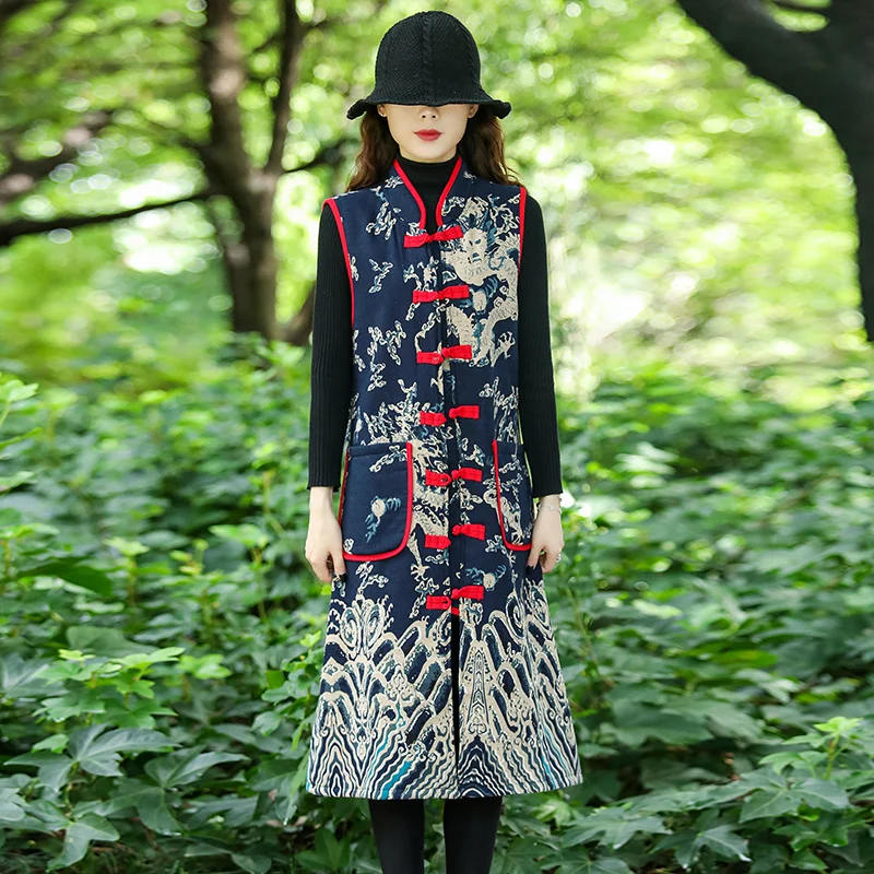 Ethnic Style Sleeveless Jacket Women Vintage Casual Chinese Vest Autumn Winter Thicken Female Loose Mid-length Waistcoat women cheongsam waistcoat